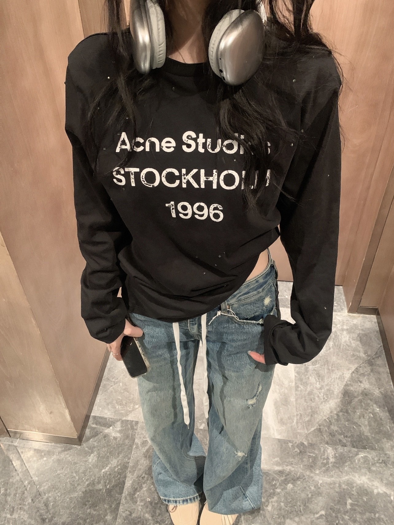 Three Tags Attached, Ac New Year Limited Edition American-Style Vintage 1996 Letter Rhinestone Long-Sleeve T-Shirt, Distressed Unisex Top