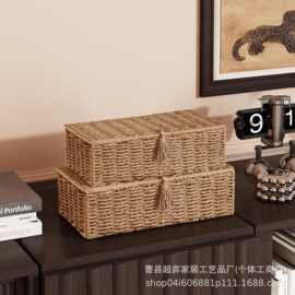 编织置物篮手工编织收纳篮置物架带盖长方形收纳盒装饰性储物箱