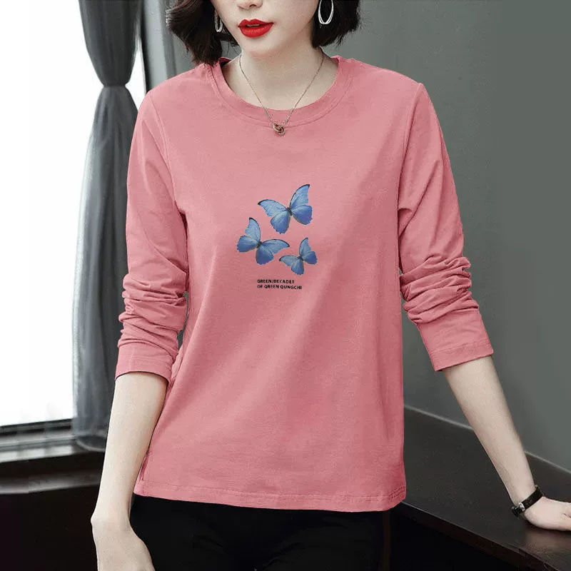 Хлопковая рубашка с длинным рукавом для женщин, осень-зима 2025, большой размер, с принтом, круглый вырез, корейский стиль, универсальный женский топ