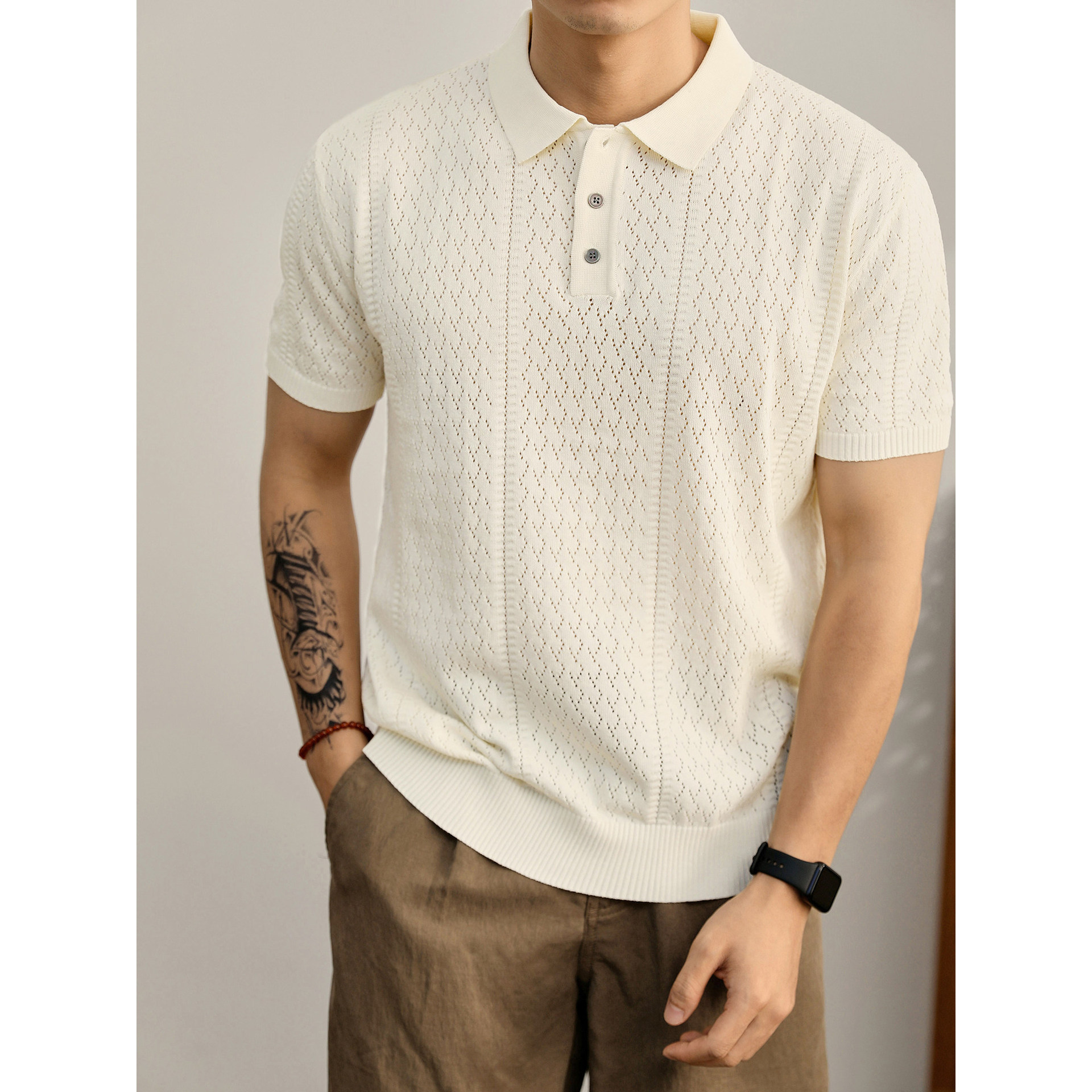 Polo camiseta de punto camiseta de manga corta camiseta hombre hueco diamante viejo viento ventilado seda de hielo transbordador de verano fábrica al por mayor