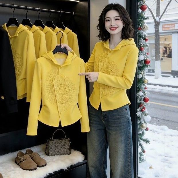 European-Style Design, Elegant Yellow Hooded Sweatshirt for Women, New Spring Fashion, Waist-Cinching Slim-Fit Cardigan, Long-Sleeve Top