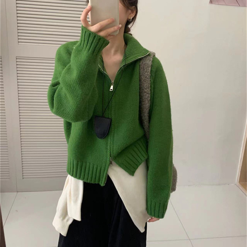 韩系慵懒风纯色双拉链毛衣外套女秋冬季新款宽松简约立领针织开衫
