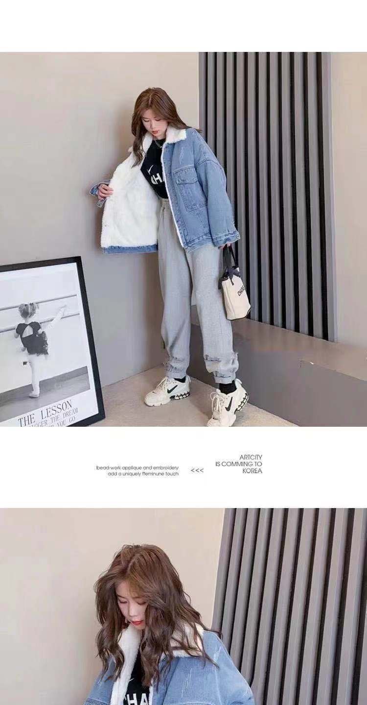 630g Weight Long Sleeve Sleeve Length Single Breasted Placket Type Regular Sleeve Sleeve Type Polyester Fabric Type Ordinary Model (50cm <Length ≤ 65cm) Top Length Coat Tops Type Shirt Collar Neckline Loose Fit Type Solid Color Pattern Women's Gender Temperament Commuter, Urban Style Style Lamb Fur Lined Thickened Denim Jacket Women's Autumn Winter Loose Versatile Short Style Fleece Inner Cotton Coat For Students 9