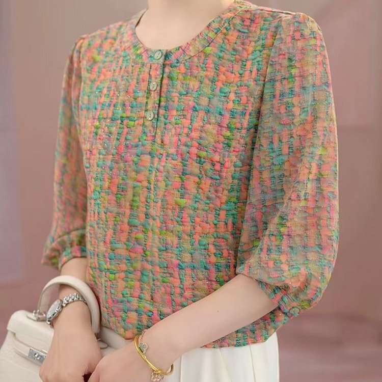 ドロップシッピング 2025 夏の新ファッション花柄シャツ女性の薄い年齢削減痩身七分袖 Tシャツトップ|undefined