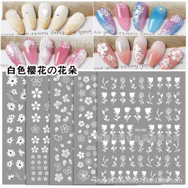 Pegatinas de uñas de celebridades en línea transparente blanco pequeña flor fresca pintada a mano Flor de cinco pétalos rosa blanca y negra con pegatinas de uñas adhesivas