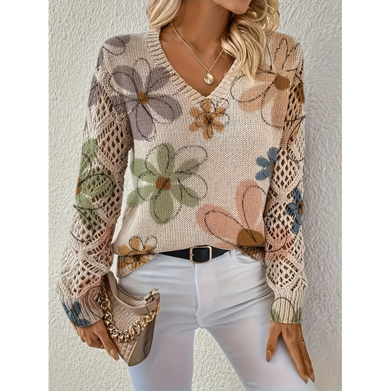 Foreign Trade Cross-Border Hot-Selling Printed Sweater Elegant Bohemian Floral V Neck Long-Sleeved Top Fashionable V Neck Pullover