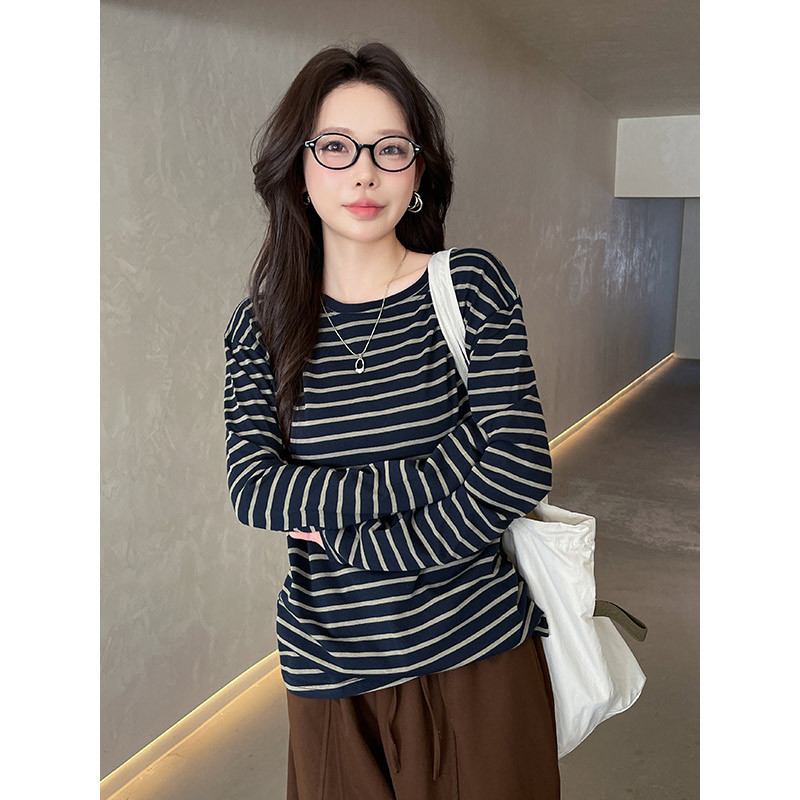 韩系慵懒设计感条纹复古长袖卫衣女秋季小众休闲圆领宽松套头上衣|undefined