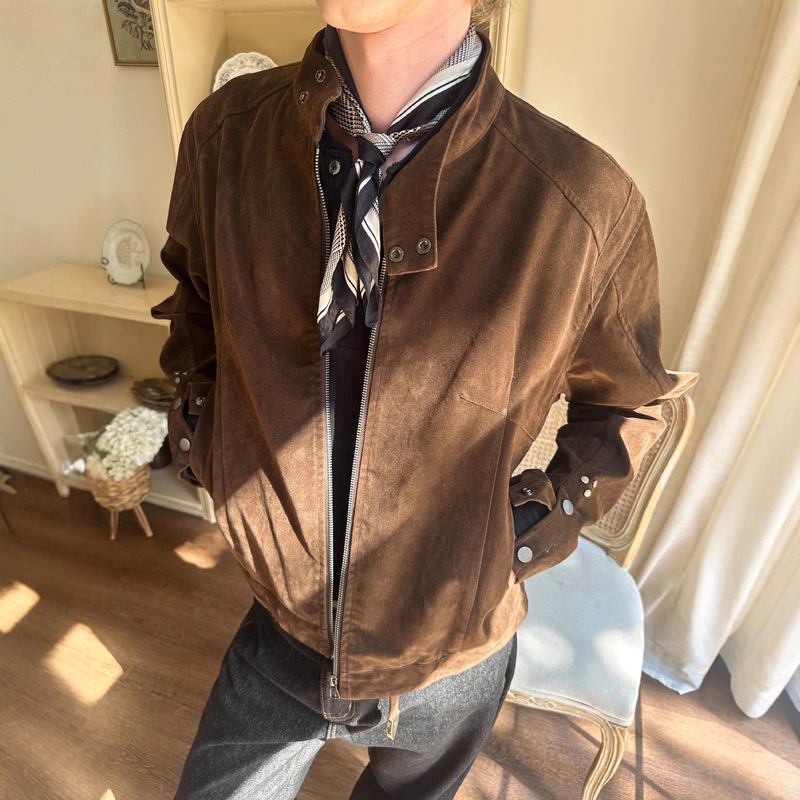 Eme Modern Era Maillard Brown Harrington Jacket for Men and Women, Autumn American Retro Couple Suede Jacket