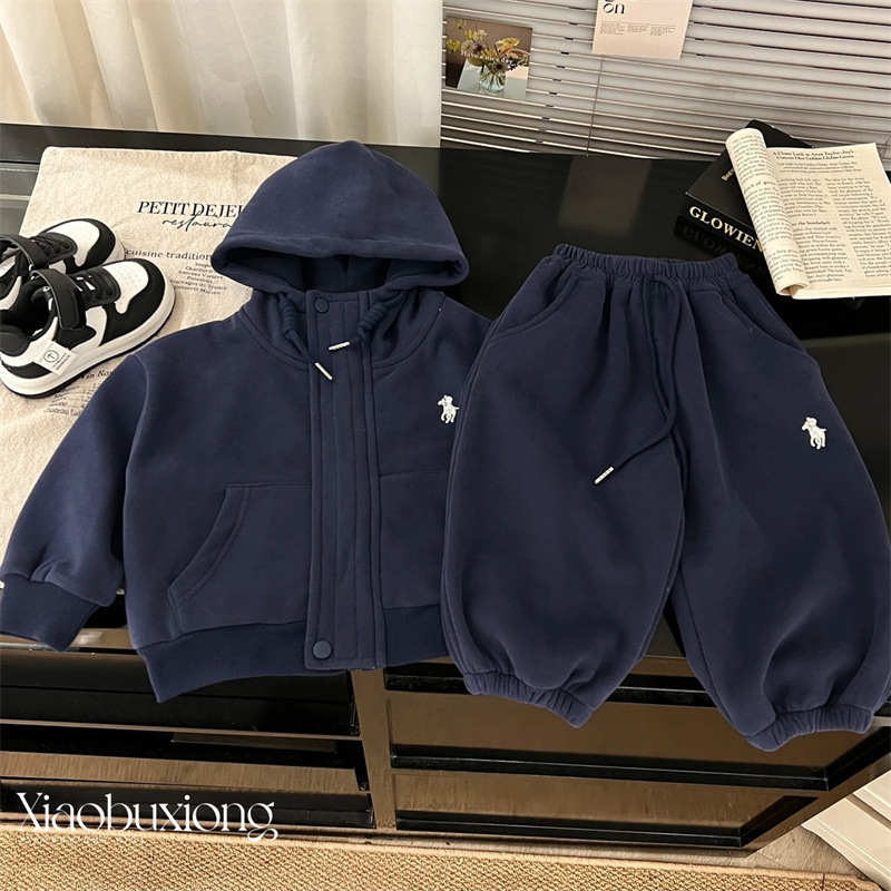 New Kidsren's Suit Autumn and Winter New Style Boys' Korean Style Embroidered Hooded Sweatshirt Baby Sweatpants Fleece-Lined Two-Piece Set