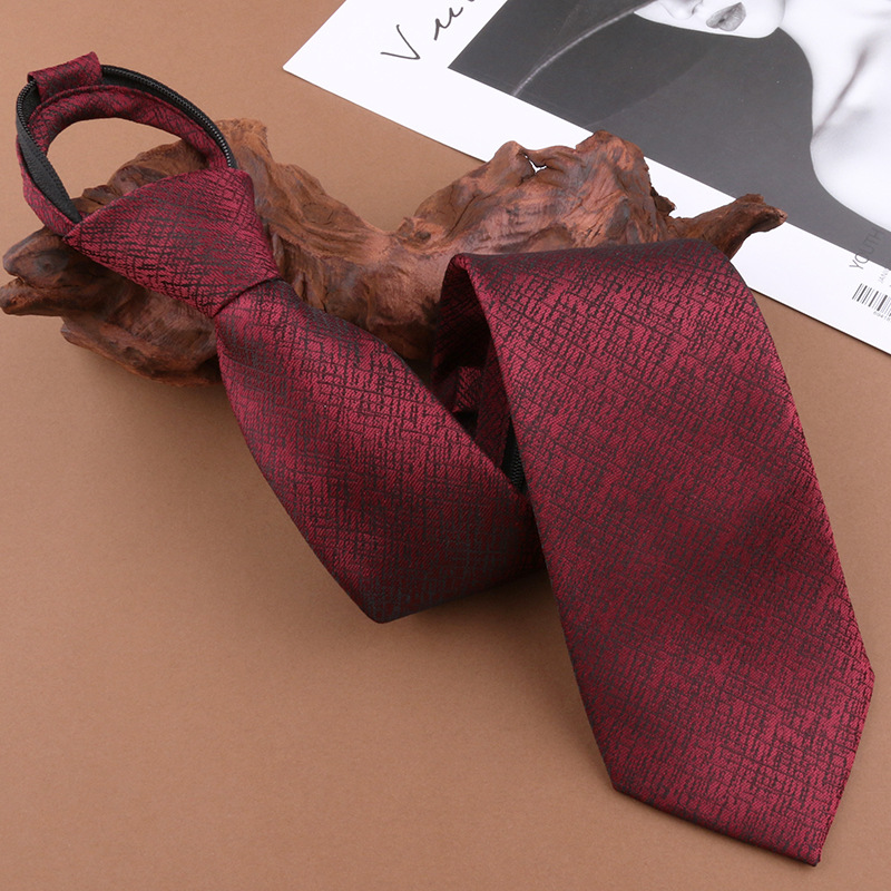 (지퍼형) 8cm 버건디 체크무늬 타이