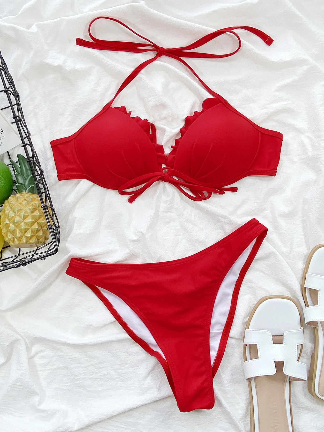 Solid Color Low Waist Lace Up Bikini NSDA114160