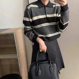100%纯羊毛针织衫女士POLO领半开毛衣撞色条纹秋冬新款时尚百搭潮