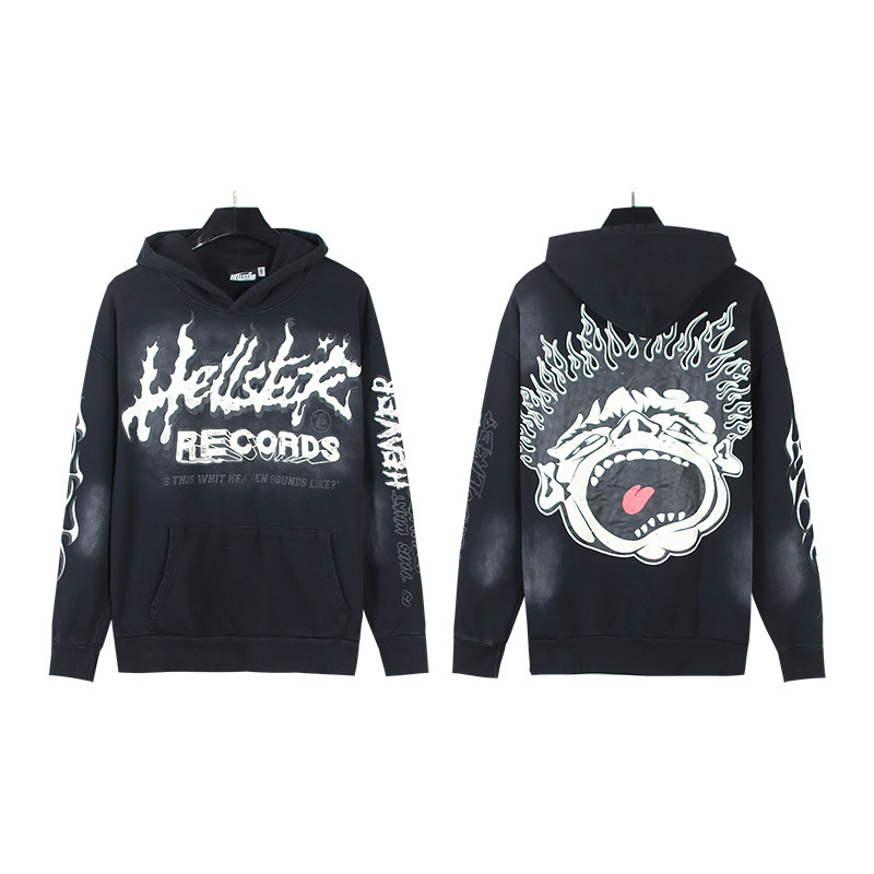 Hellstar ヨーロッパとアメリカのトレンディなブランド、ハイストリート、レトロ、ウォッシュド、ダメージ加工、プリント、ストリート、ルーズフィットのパーカー、男性用と女性用のスウェットシャツ|undefined