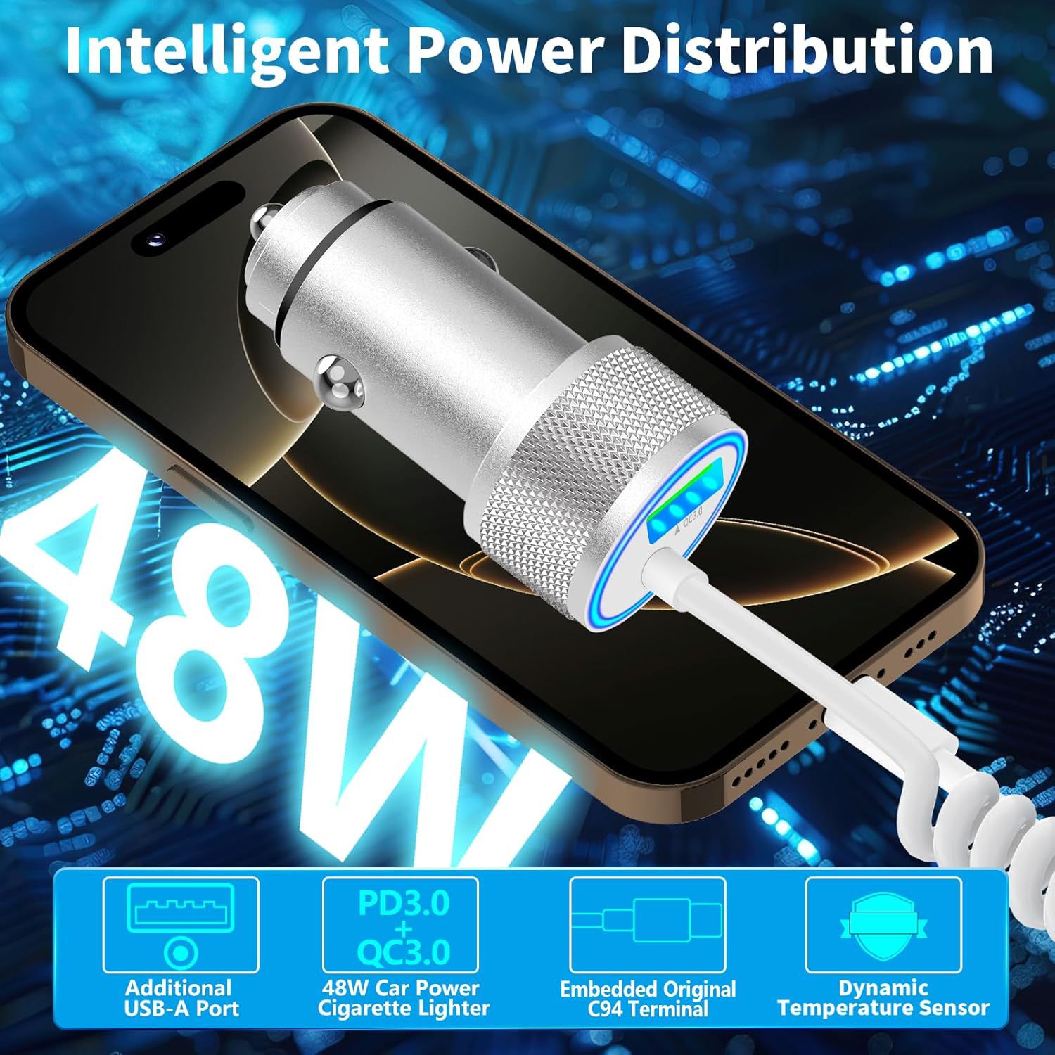 Car Charger Dual Fast Charging Metal Material Super Qc3.0 Spring Cable Suitable for Apple Flash Charging