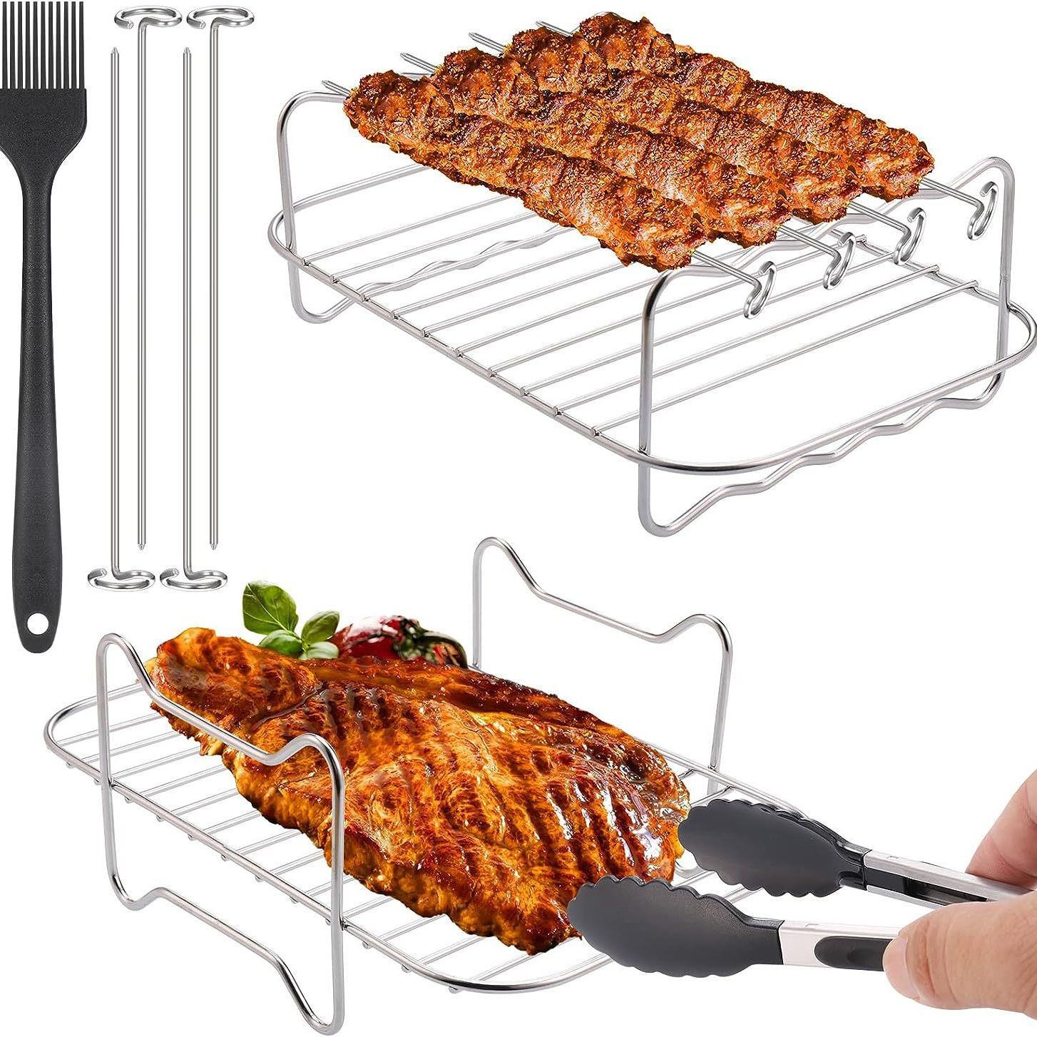 Transfronterizo Amazon 201 acero inoxidable de doble capa parrilla vapor en stock accesorios de freidora de aire rectangular Parrilla de barbacoa