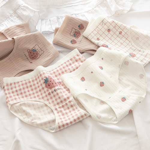 [Quality] Chunyi women's underwear pure cotton mid-waist large size triangle sweetheart strawberry girl plaid pink girl