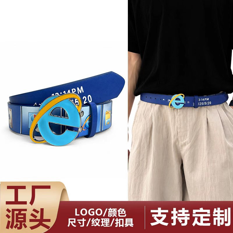Y2K retro IE browser E letter buckle belt with retro computer icon print, personalized decorative belt for men and women Y2K retro IE browser E letter buckle belt with retro computer icon print, personalized decorative belt for men and women