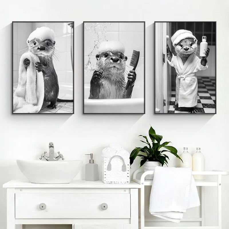 High Quality Black Canvas Poster Mural Bathing Otter Canvas Painting Bathroom Decoration Wall Art Animal Painting