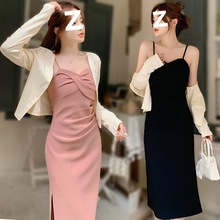 新款大码女装夏胖mm吊带裙连衣裙开衫两件套茶歇法式收腰显瘦长裙