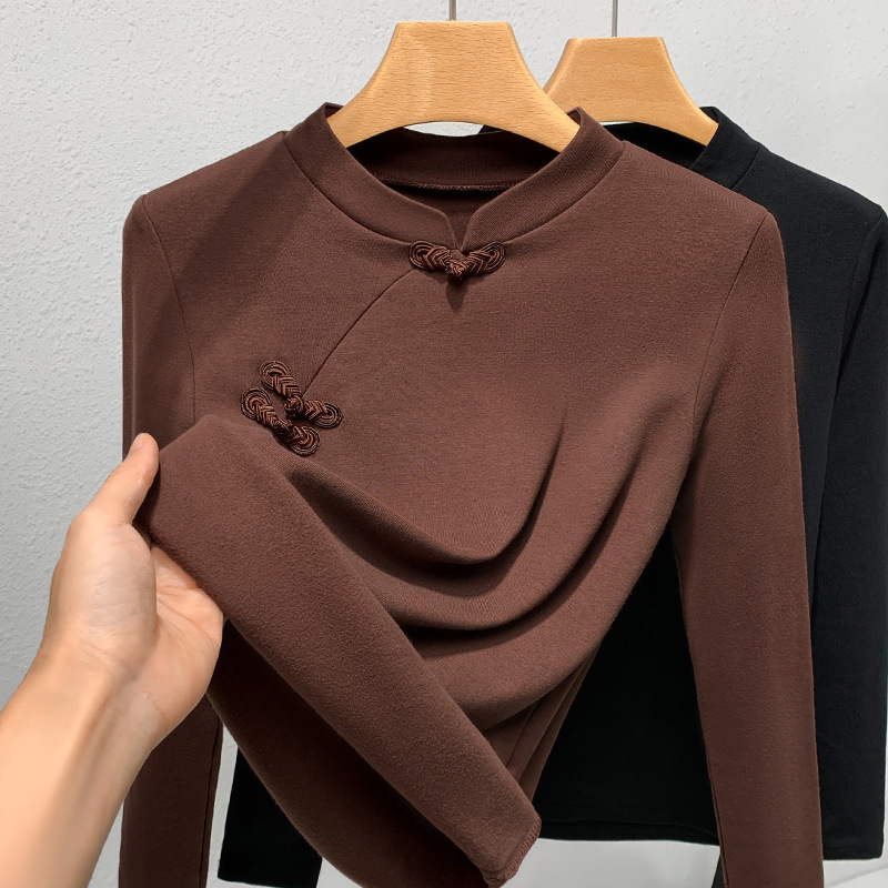 Collar de pie camisa de fondo para mujeres 2023 nueva ropa de mujer estilo occidental hebilla manga larga Camiseta cintura apretada desgaste interior nuevo estilo chino top image 2