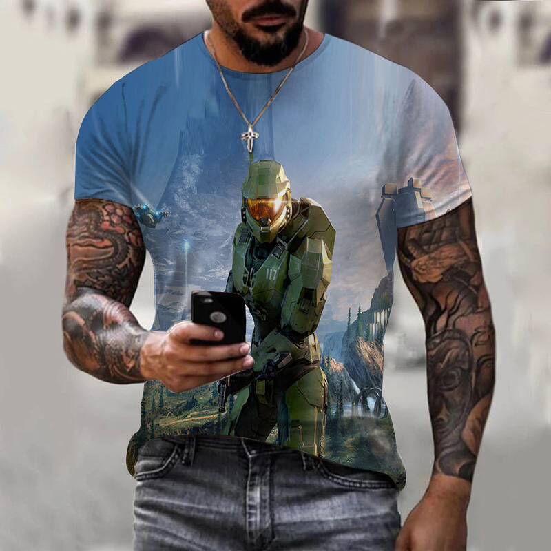 2022 spot European and American Foreign Trade men's summer new round neck Halo printed short sleeve casual sports T-shirt top 2022 spot European and American Foreign Trade men's summer new round neck Halo printed short sleeve casual sports T-shirt top