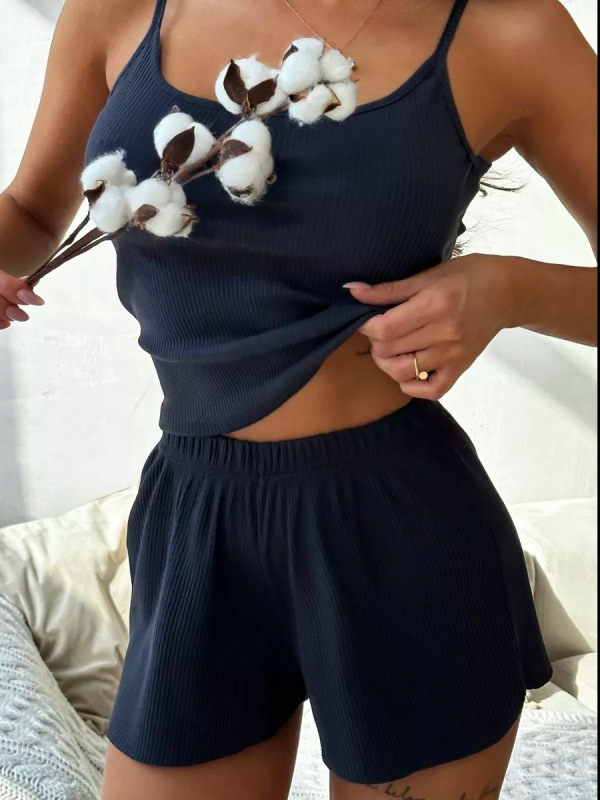 跨境热销女士家居服纯色吊带短裤随心裁休闲罗纹坑条欧美睡衣女|undefined