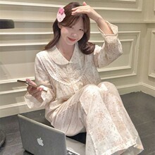 2025秋季韩系甜美碎花翻领宫廷风花边小清新纯棉家居服睡衣套装女