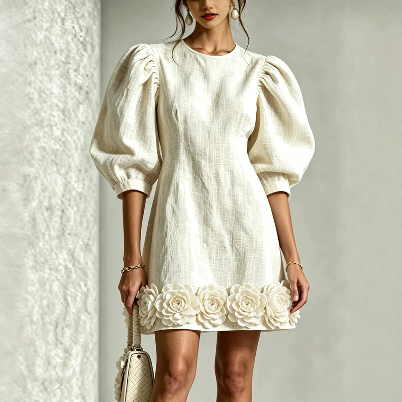 2026 White 3D Floral Puff Sleeve Cotton-Linen Mini Dress European and American Cross-Border Independent Station 020 2026 White 3D Floral Puff Sleeve Cotton-Linen Mini Dress European and American Cross-Border Independent Station 020