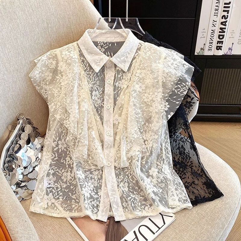 Lace Splicing French-Style Dynamic Bow Tie Short-Sleeve Shirt for Women, New Summer 2026 Model, Elegant and Sweet Casual Blouse Lace Splicing French-Style Dynamic Bow Tie Short-Sleeve Shirt for Women, New Summer 2026 Model, Elegant and Sweet Casual Blouse