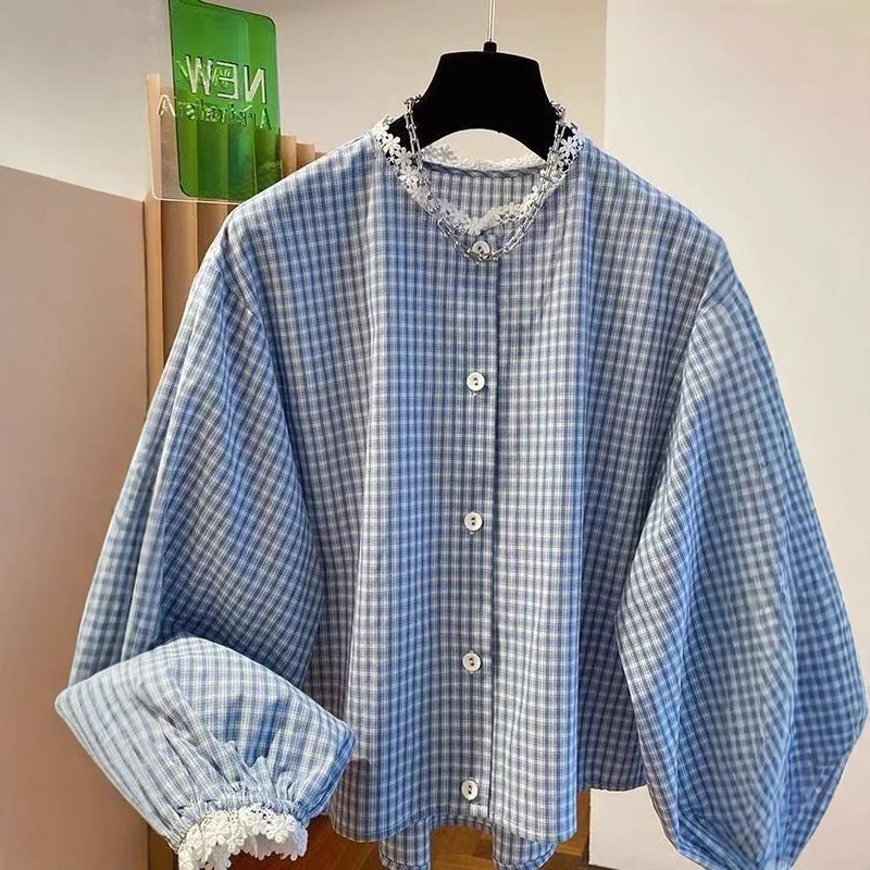 Korean Black and White Checkered Shirt Women's Long-Sleeved Spring 2025 New Lace Loose Lace Splicing Short Inner Top Without