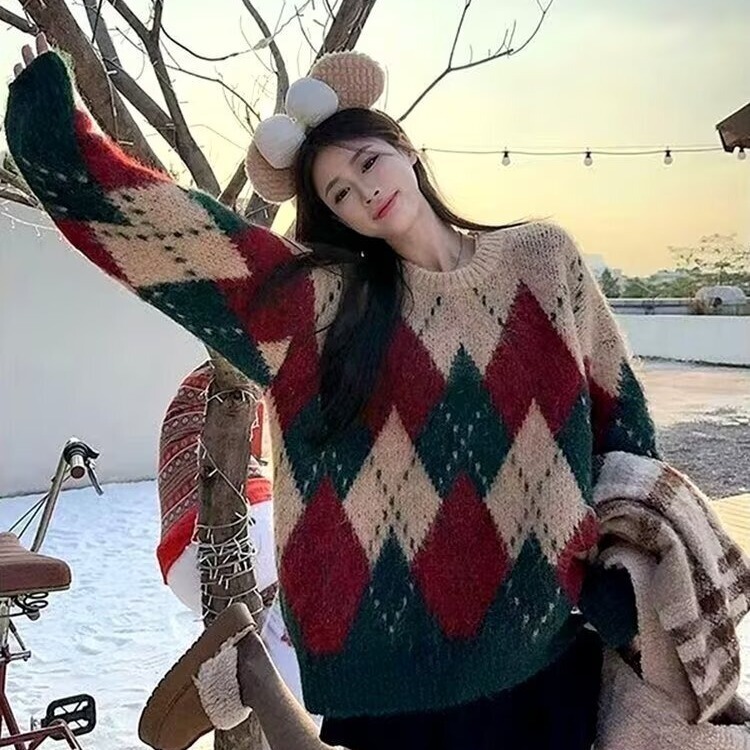 Cross-Border American Retro Quilted Christmas Sweater for Women, Autumn and Winter Loose Lazy Style Knitwear with a Sense of Design, Trendy Top Cross-Border American Retro Quilted Christmas Sweater for Women, Autumn and Winter Loose Lazy Style Knitwear with a Sense of Design, Trendy Top