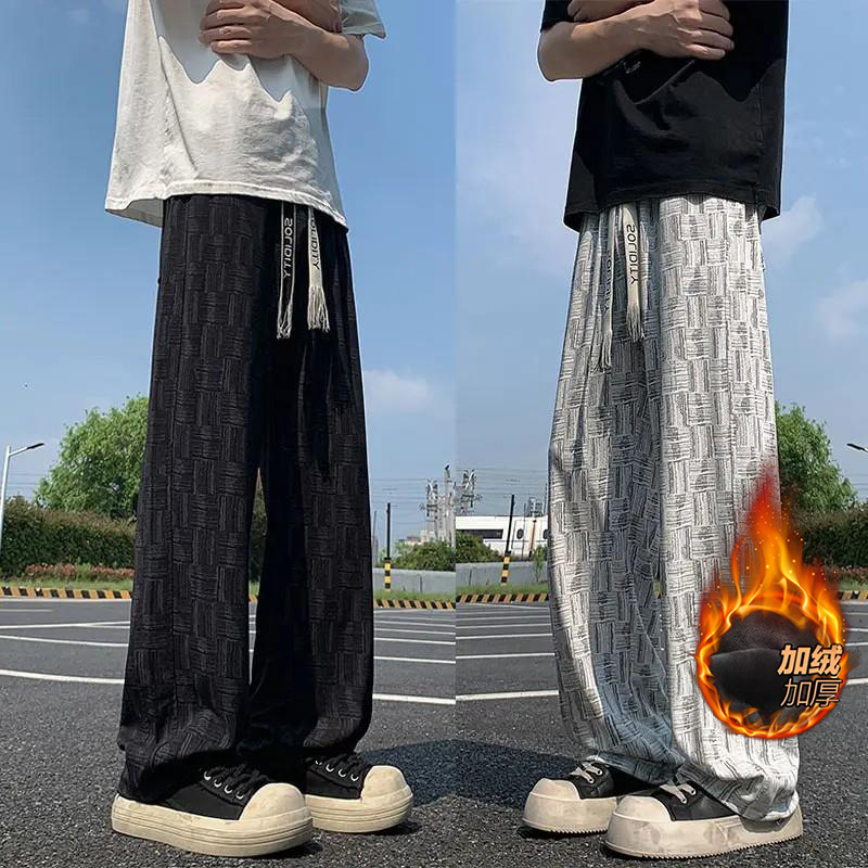 Woven Straight Corduroy Pants with Fleece for Men, Autumn and Winter Breathable Loose High Street Casual American-Style Flat Pants
