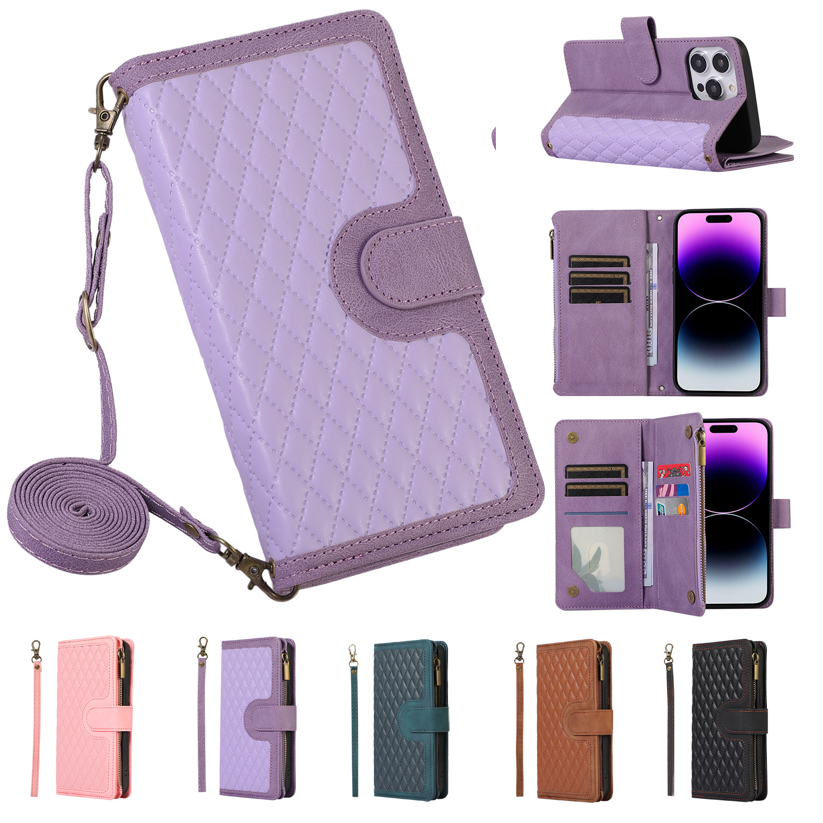 适用三星A52 5G菱格斜挎卡包皮套拉链钱包翻盖皮套女士挎包A32 5G