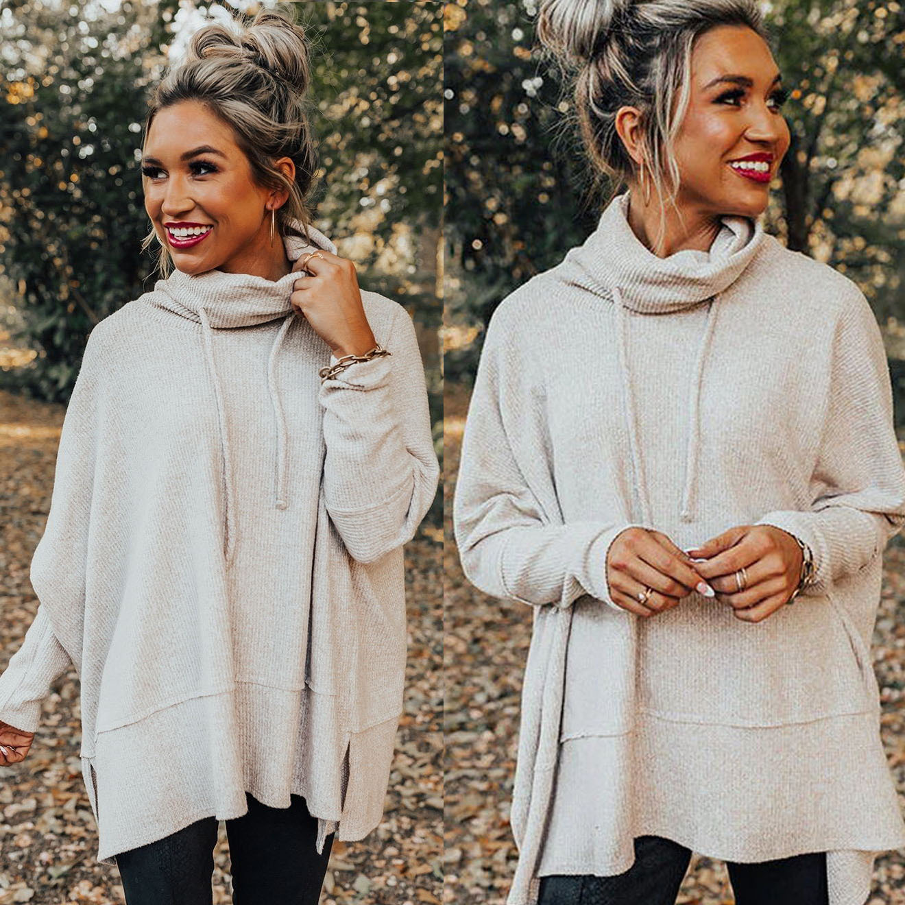 Fashion Solid Color Polyester Turtleneck Long Sleeve Batwing Sleeve Patchwork Hoodie