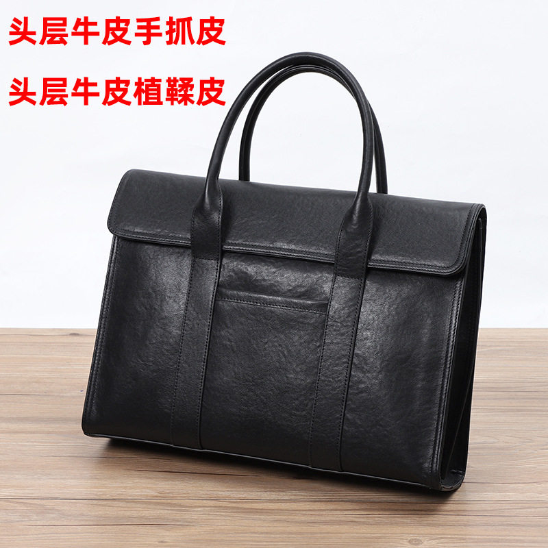 Túi xách tay nam da bò thật vân chạm nổi, túi đeo chéo một vai kiêm cặp tài liệu công sở 39×9×29 cm — Vải nhung flannel cao cấp thuộc da thực vật, Màu đen vỏ cây