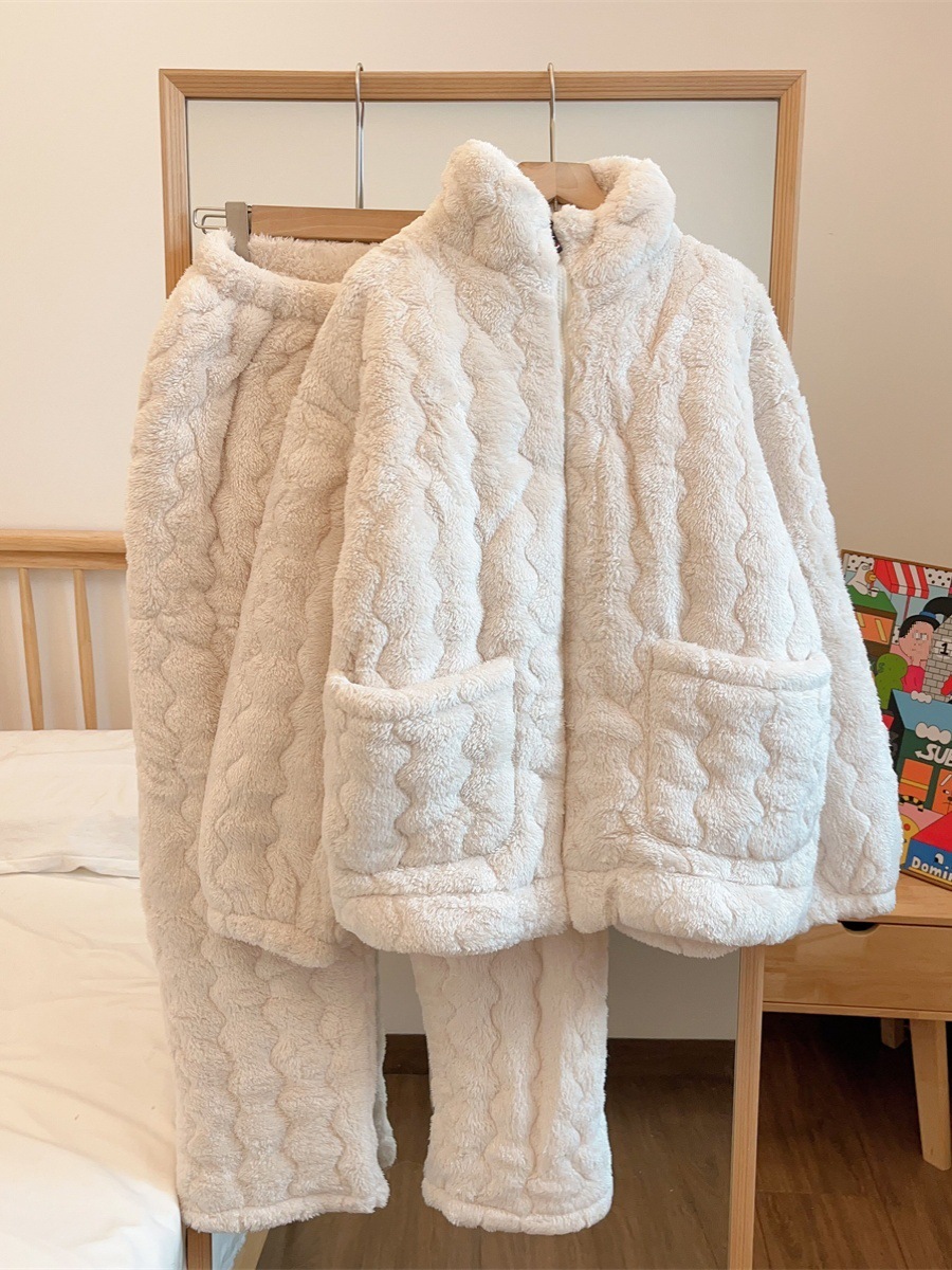 珊瑚绒睡衣女冬季三层夹棉加绒加厚保暖纯色高级感可外穿家居服