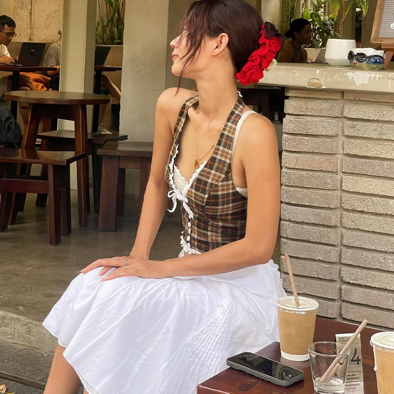 Vintage Plaid Halter Neck Vest Top For Women - Elegant French Style Summer Crop Tops, Sexy Sleeveless Chic Blouse_ecoleips.com