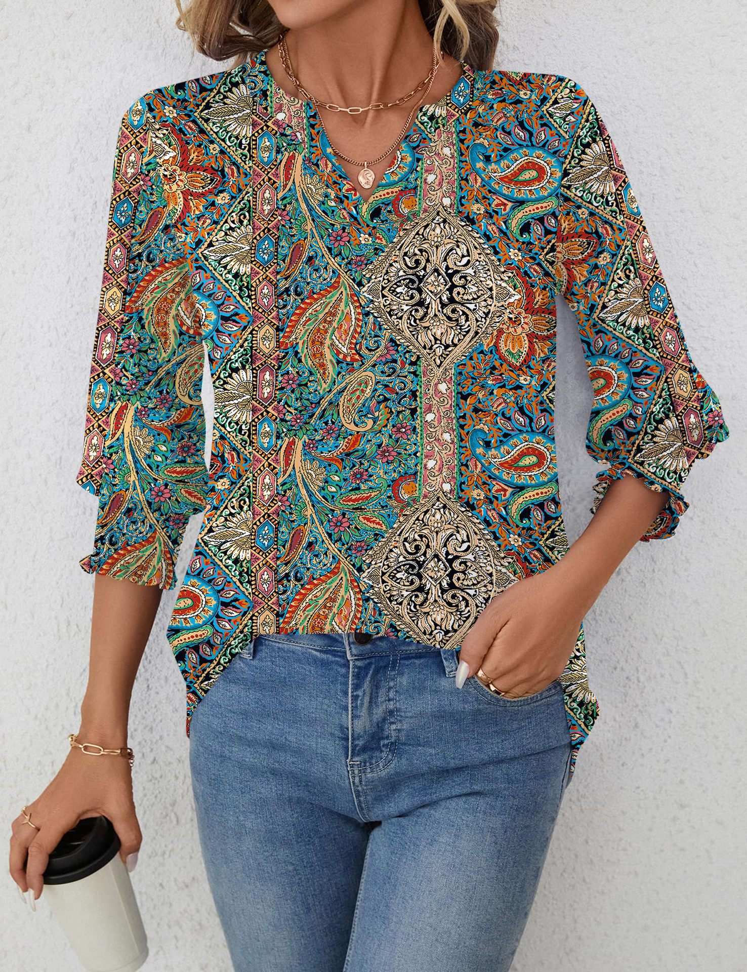 European And American Cross-border Women's 2026 Fashion Top, Three-quarter Sleeve Floral Print Casual Shirt, Summer_ecoleips.com
