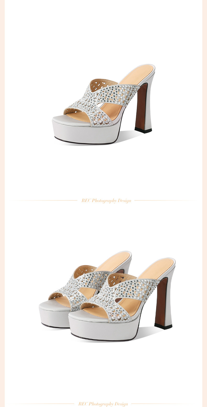Sandal cao gót nữ hở mũi đế dày đính đá lấp lánh — Màu sâm panh chi tiết 6