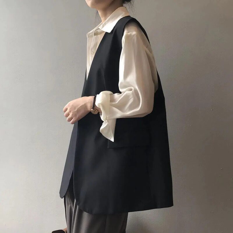 Áo vest nữ dáng rộng cỡ lớn phối lớp phong cách thanh lịch, dài áo 50–65 cm — Kích thước thẻ màu nâu nhỏ, Thẻ đen kích thước nhỏ