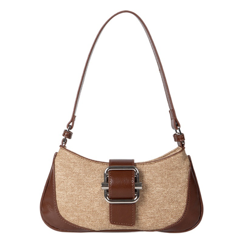 Nuevo bolso de hombro y axila de lona retro con diseño de nicho coreano para mujer, bolso con bloques de colores texturizados, bolso tipo baguette francés.