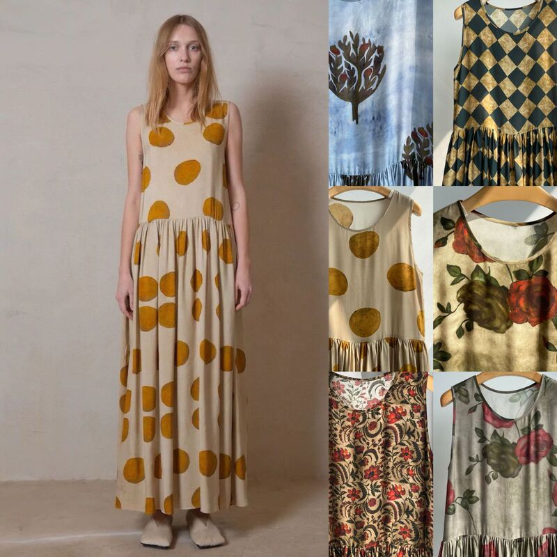 Tea-dyed Rose-Stir-fried Color Craft Classical Dirty-dyed Old Copper Ammonia Round Neck Sleeveless Vest Dress
