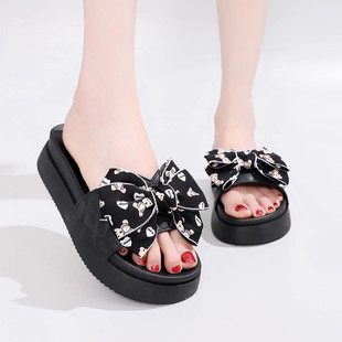 5cm Thick Bottom Internet Popular Bow Slippers Women's Summer Outer Wear Soft Bottom Non-slip Fashion Fairy Style One-word Slippers