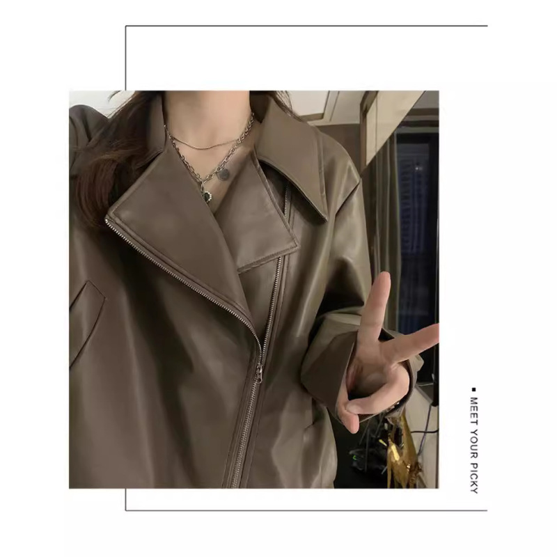 アメリカのレトロなpuの皮の服のコートの女性の2024秋の小さい人はゆったりしていて痩せている機関車の服の短いジャケットの上着を現します。|undefined