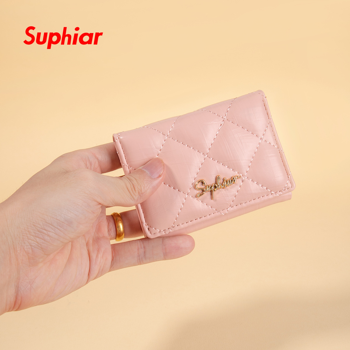 Cartera corta de tres pliegues con patrón de rombos de hilo de bordar, bolso de tarjeta simple de color sólido transfronterizo, billetera de cuero para mujer, sentido avanzado