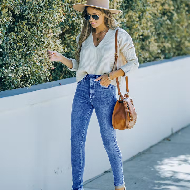 2024 autumn and winter new wholesale jeans cross-border high-waist European and American women's slim feet pants blue jeans trousers