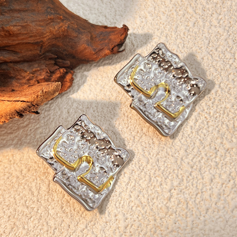 304 Stainless Steel Material Color Block Pattern PVD Coated Real Gold Plated Color Block 304 Stainless Steel Streetwear Waterproof Non Tarnish Ear Studs