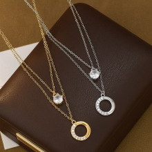 跨境叠戴个性时尚款镀银镶心形莫桑石K黄ins风吊坠锁骨项链