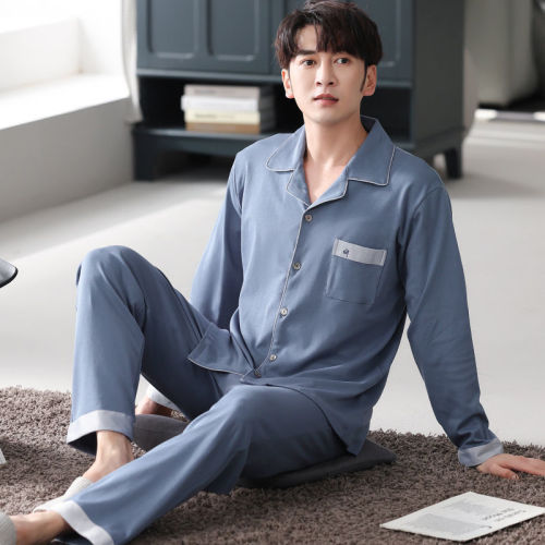 Men's Sleepwear Autumn/Winter Long Sleeve Set 100% Cotton Mid-Youth Loose and Fat Plus Size Collared Pajamas Home Wear