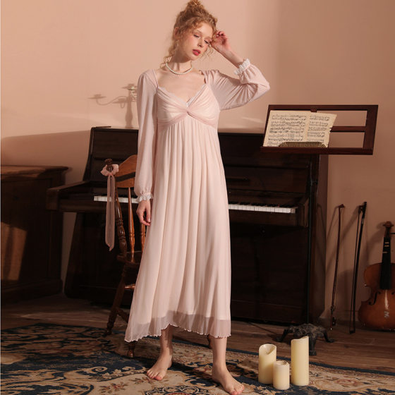 Autumn V-Neck with Chest Pad Pleated Kink Entry Luxury Palace Modal Mesh Nightgown Solid Color Dress in Stock